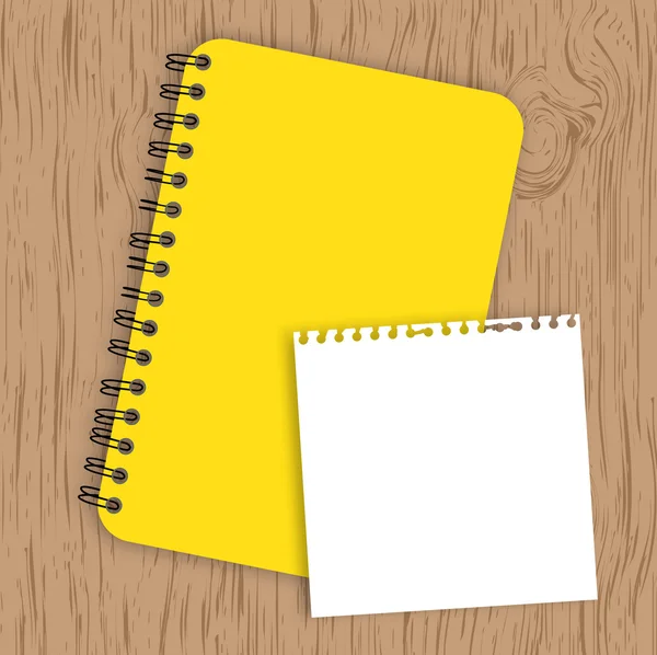 Cuaderno con papel sobre fondo de madera — Vector de stock
