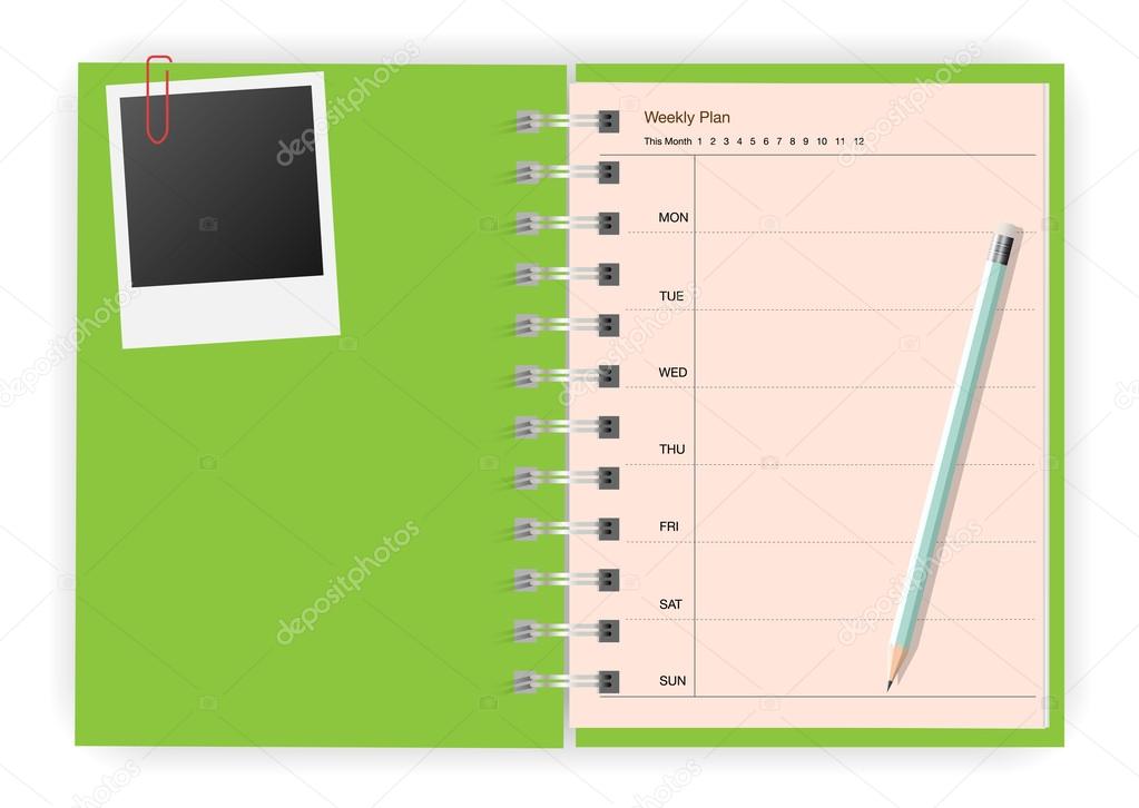 Green notebook weekly planner instant photo and pencil