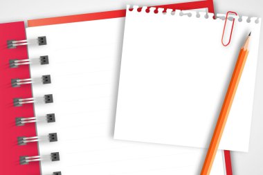 kırmızı defter ile kağıt ve kalem