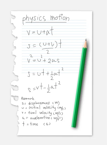 Fysik rörelse formel på papper med penna — Stock vektor