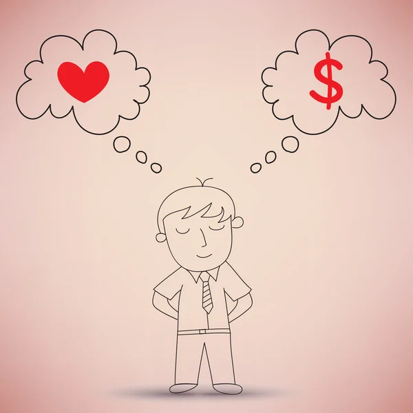 Üzletember gondolkodás között a szerelem és a pénz — Stock Vector