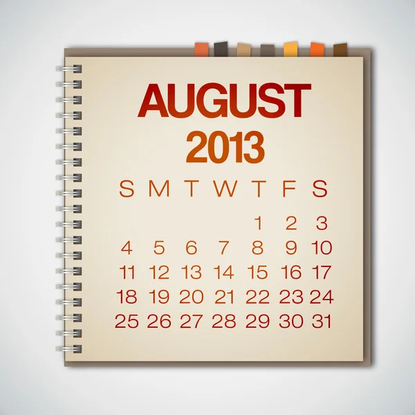 2013 Calendar August Notebook Vector — Stock Vector