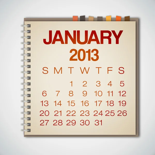 Calendrier 2013 Janvier Notebook Vector — Image vectorielle