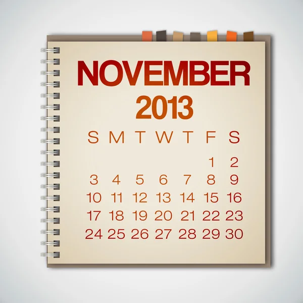 2013 カレンダー 11 月ノートブック ベクトル — ストックベクタ