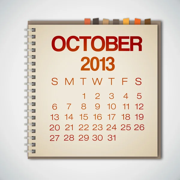 Calendrier 2013 Octobre Notebook Vector — Image vectorielle