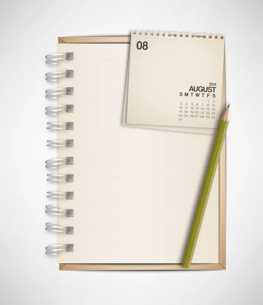 Cuaderno con calendario 2014 agosto — Archivo Imágenes Vectoriales