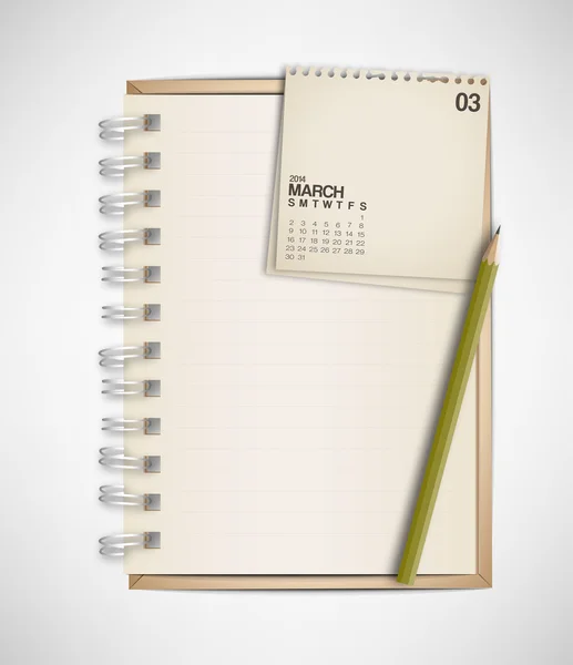 Cuaderno con calendario 2014 Marzo — Vector de stock