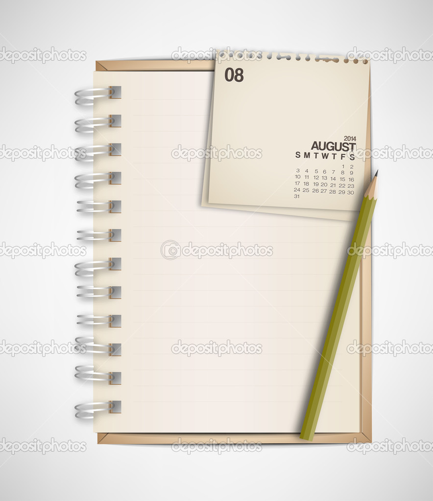 Notebook with 2014 calendar august