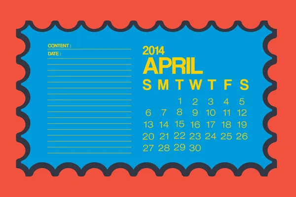 Calendrier 2014 Timbre Design avril — Image vectorielle