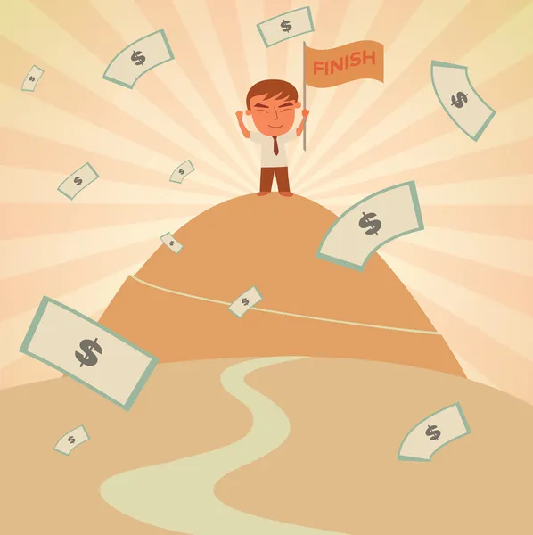 Businessman success on top of mountain with Flag and Money Rain — Stock Vector