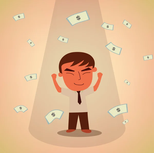 Happy businessman under money rain with spotlight  concept — Stock Vector