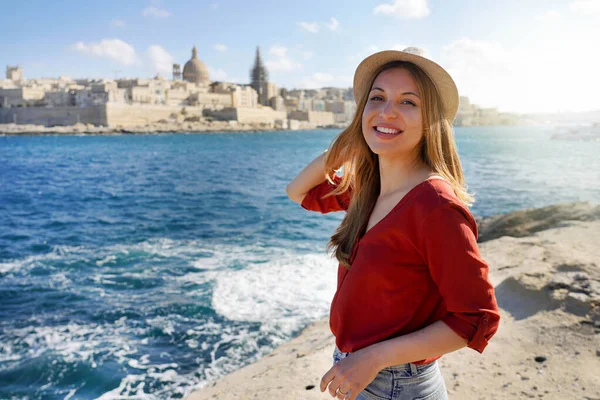 Portrait Young Woman Stands Waterfront Looking Camera Valletta City Background — стоковое фото