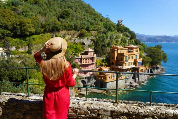 Beautiful Stylish Woman Red Dress Looking Bay Portofino Italy — стокове фото