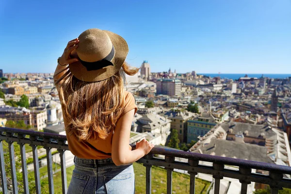 Visiting Genoa Italy Back View Young Traveler Girl Enjoying Cityscape — Stockfoto