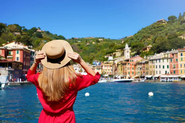 Visiting Portofino Italy Travel Tourist Girl Vacation Enjoying View Portofino — стоковое фото