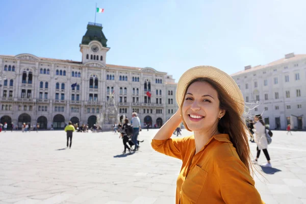 Portrait Traveler Girl Visiting Trieste City Italy Looking Camera — стоковое фото