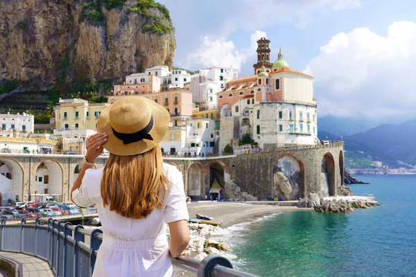 Holiday Italy Back View Young Woman White Dress Hat Looking — стоковое фото