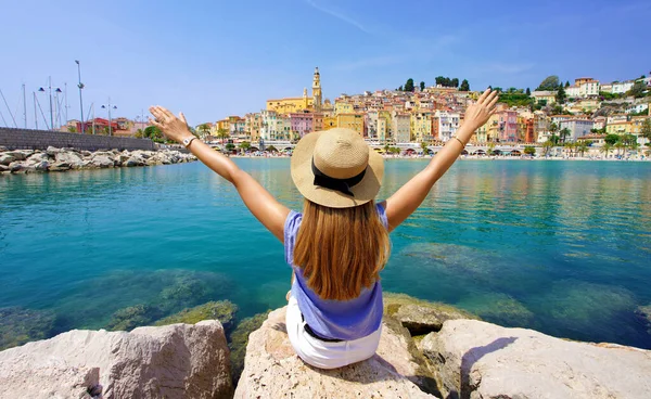 Traveling France Panoramic View Traveler Girl Arms Raised Enjoying View — стоковое фото