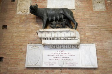 SIENA, İtalya - 22 Haziran 2022: Siena Belediye Binası avlusunda Capitoline Wolf, İtalya