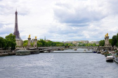 Paris, Fransa 'da Pont Alexandre Köprüsü ve Eyfel Kulesi ile Seine Nehri