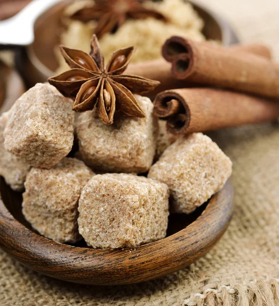 Brown Cane Sugar, Cinnamon And Anise Star — стоковое фото