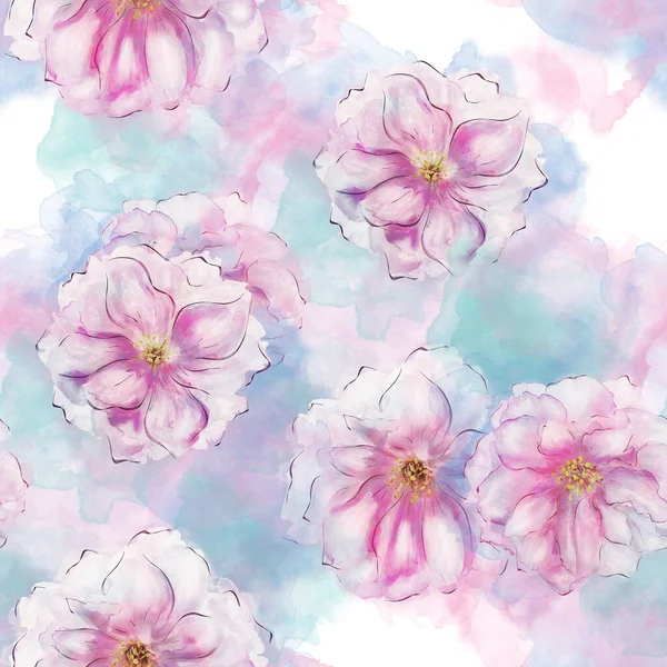 Varrat Nélküli Virágos Design Rózsaszín Virágok Háttérben Végtelen Minta Akvarell Jogdíjmentes Stock Képek