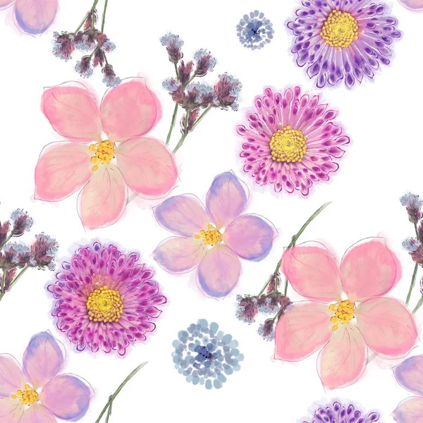 Varrat Nélküli Virágos Design Rózsaszín Virágok Háttérben Végtelen Minta Akvarell — Stock Fotó