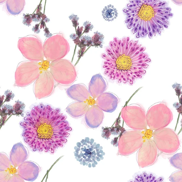 Varrat Nélküli Virágos Design Rózsaszín Virágok Háttérben Végtelen Minta Akvarell Stock Fotó