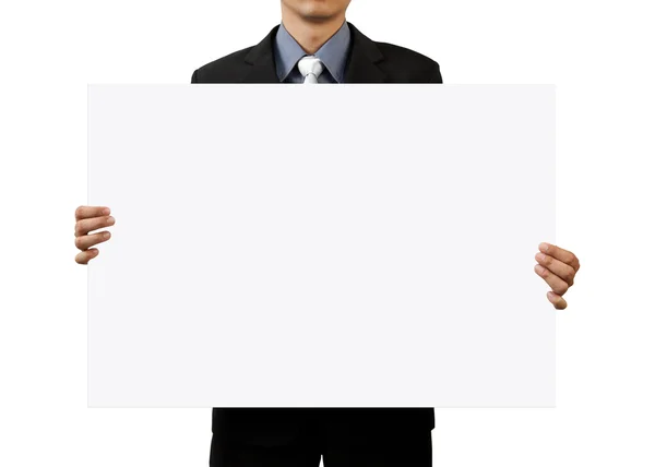 Podnikatel drží prázdné ceduli na bílém pozadí — Stock fotografie