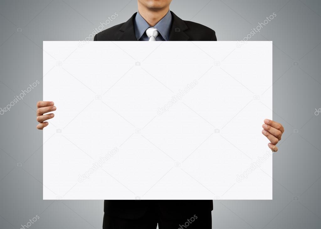 businessman holding blank sign and hand on white