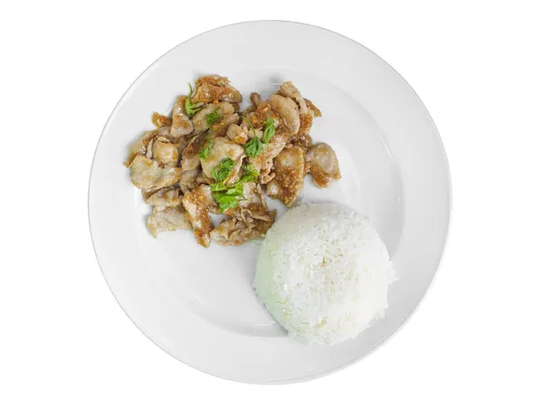 Чеснок Свинина и рис на тарелке — стоковое фото