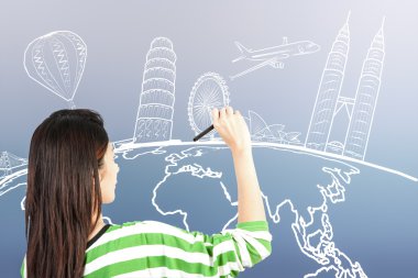 Çizim ve yazma rüya seyahat dünya çapında Asyalı kadın