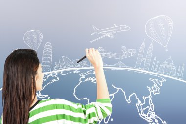 Çizim ve yazma rüya seyahat dünya çapında Asyalı kadın
