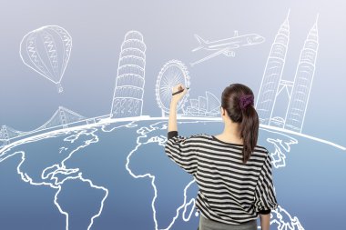 Çizim ve yazma rüya seyahat dünya çapında Asyalı kadın