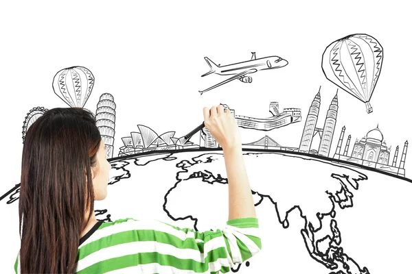Asian woman drawing or writing dream travel around the world — Stock Photo, Image