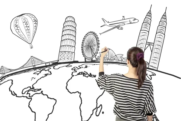 Asian woman drawing or writing dream travel around the world — Stock Photo, Image