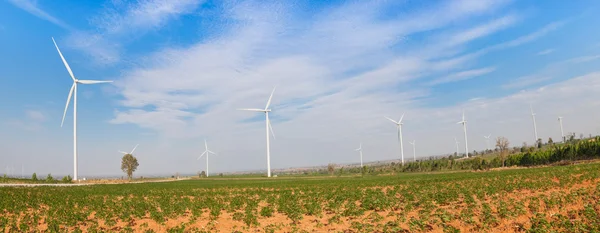 エコ発電、風力タービンのフィールド パノラマ — ストック写真