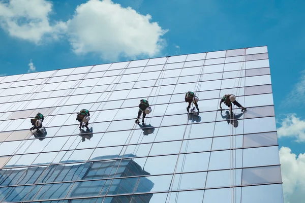 Grupo de trabajadores servicio de limpieza de ventanas en edificio de gran altura — Foto de Stock