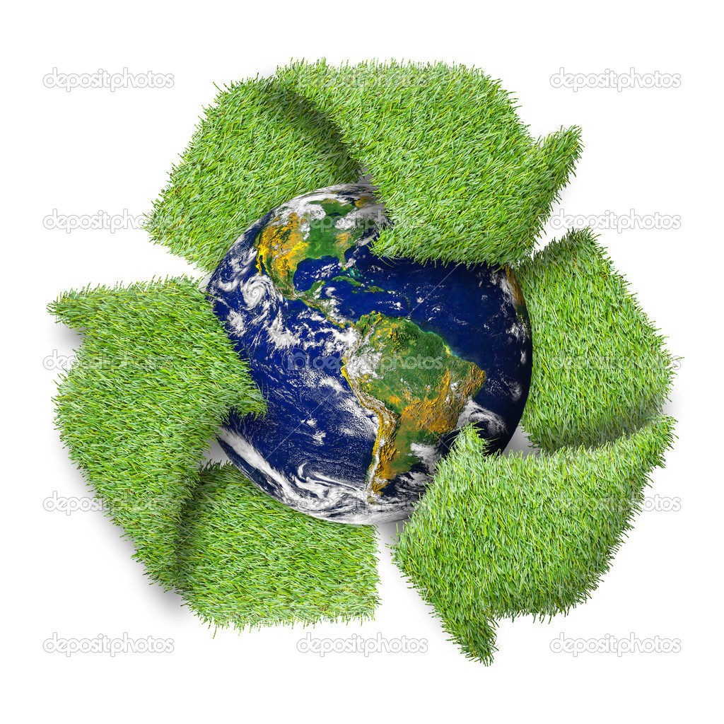 Recycle logo symbol from the green grass and earth. 