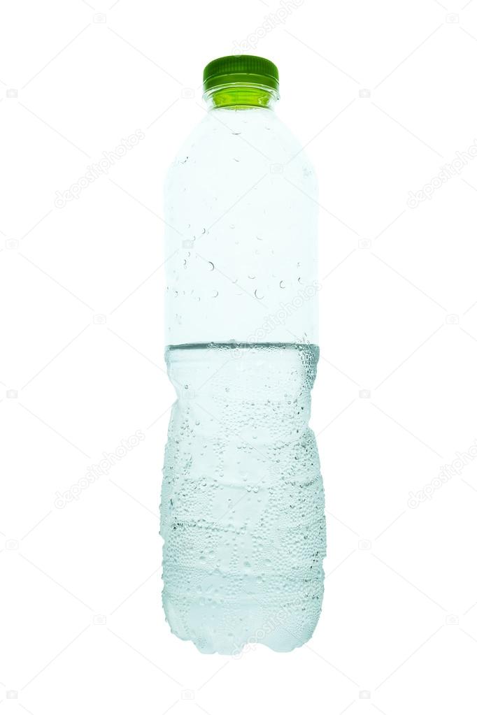 half water in small plastic bottle on white background