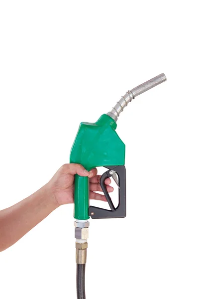 Manlig hand som håller gas med pump isolerad på vit — Stockfoto