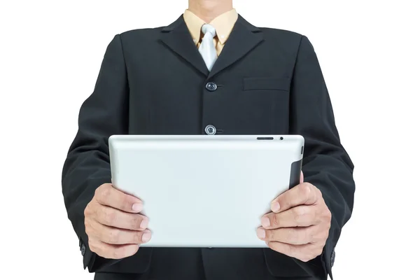 Hombre de negocios trabajando y sosteniendo tableta digital — Foto de Stock