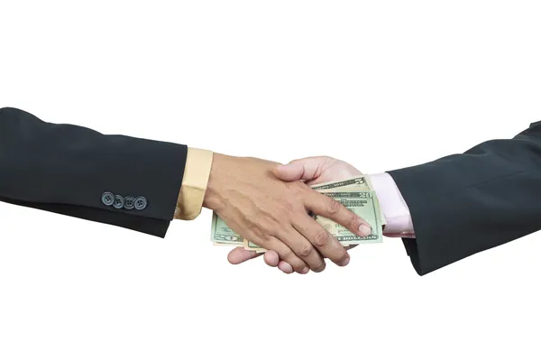 Businessman hand and money to other for corruption concept on wh — Stock Photo, Image