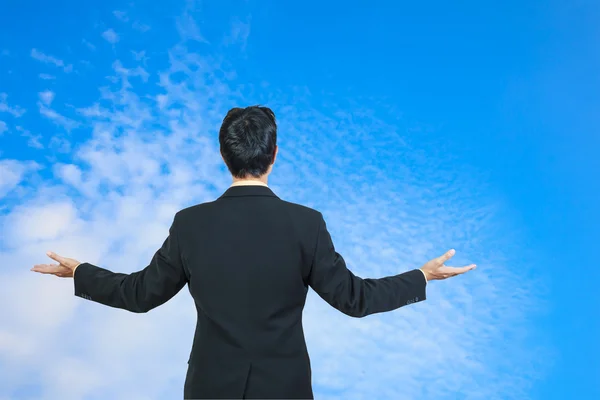 Vista posterior del hombre de negocios detrás y la presentación con el cielo azul —  Fotos de Stock