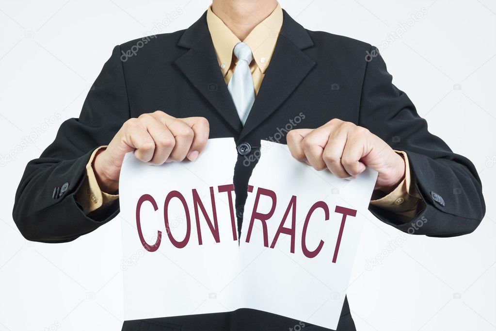 Businessman tearing sheet paper, contract management concept