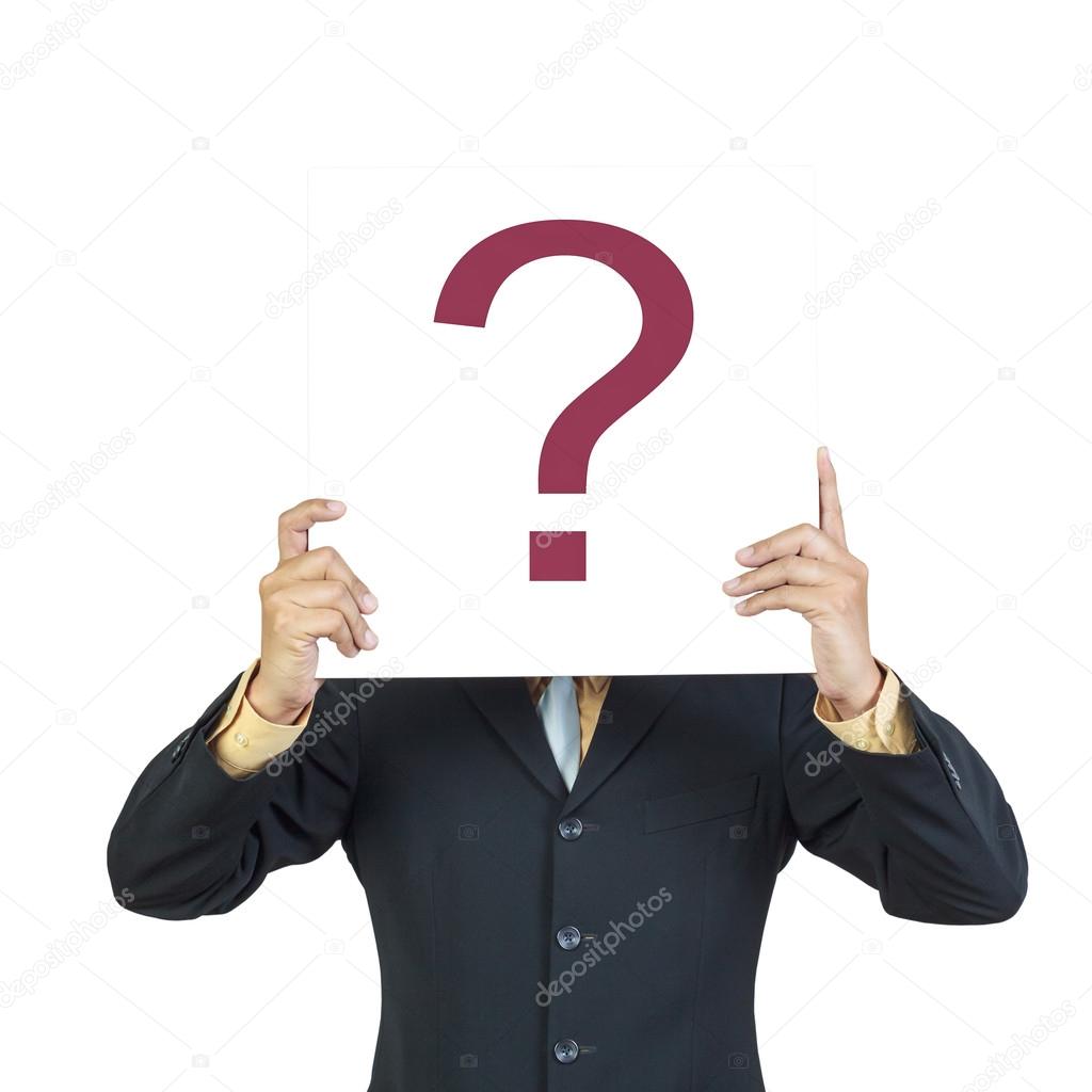Business man holding question sign or present showing over head 