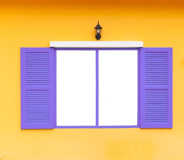 Open blank window frame on wall with lamp, blue color — Stock Photo, Image