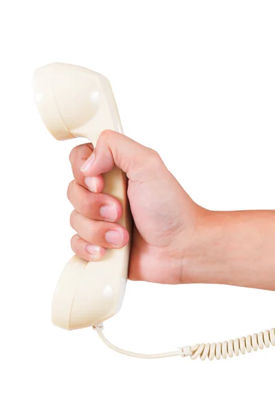 Retro rotary vintage telephone and hand on white background — Stock Photo, Image