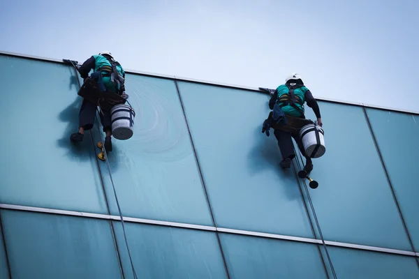 Grupo de trabalhadores serviço de limpeza de janelas em edifício alto — Fotografia de Stock