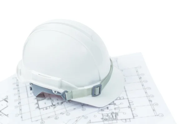 Concepto de ingeniería, casco de seguridad con plan de trabajo — Foto de Stock